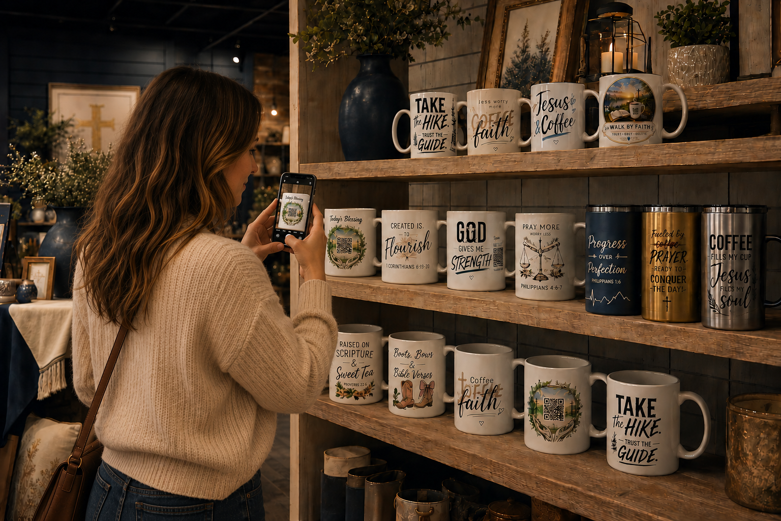 Woman scanning a My Faith Encounters mug in a shop